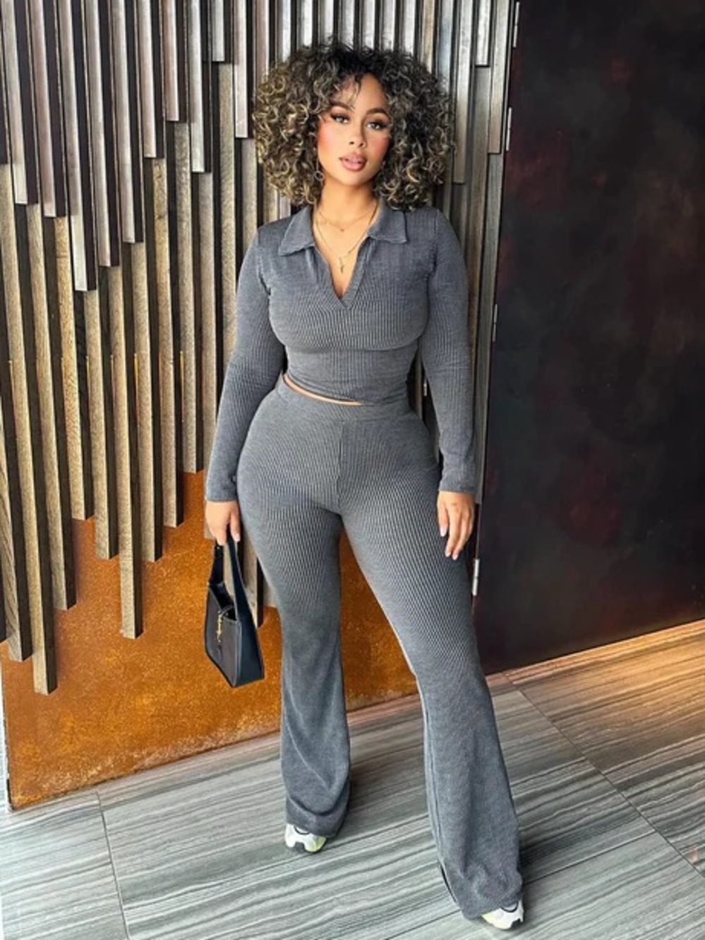 Fashion Nova  Ribbed Flare Pants Set - Gray